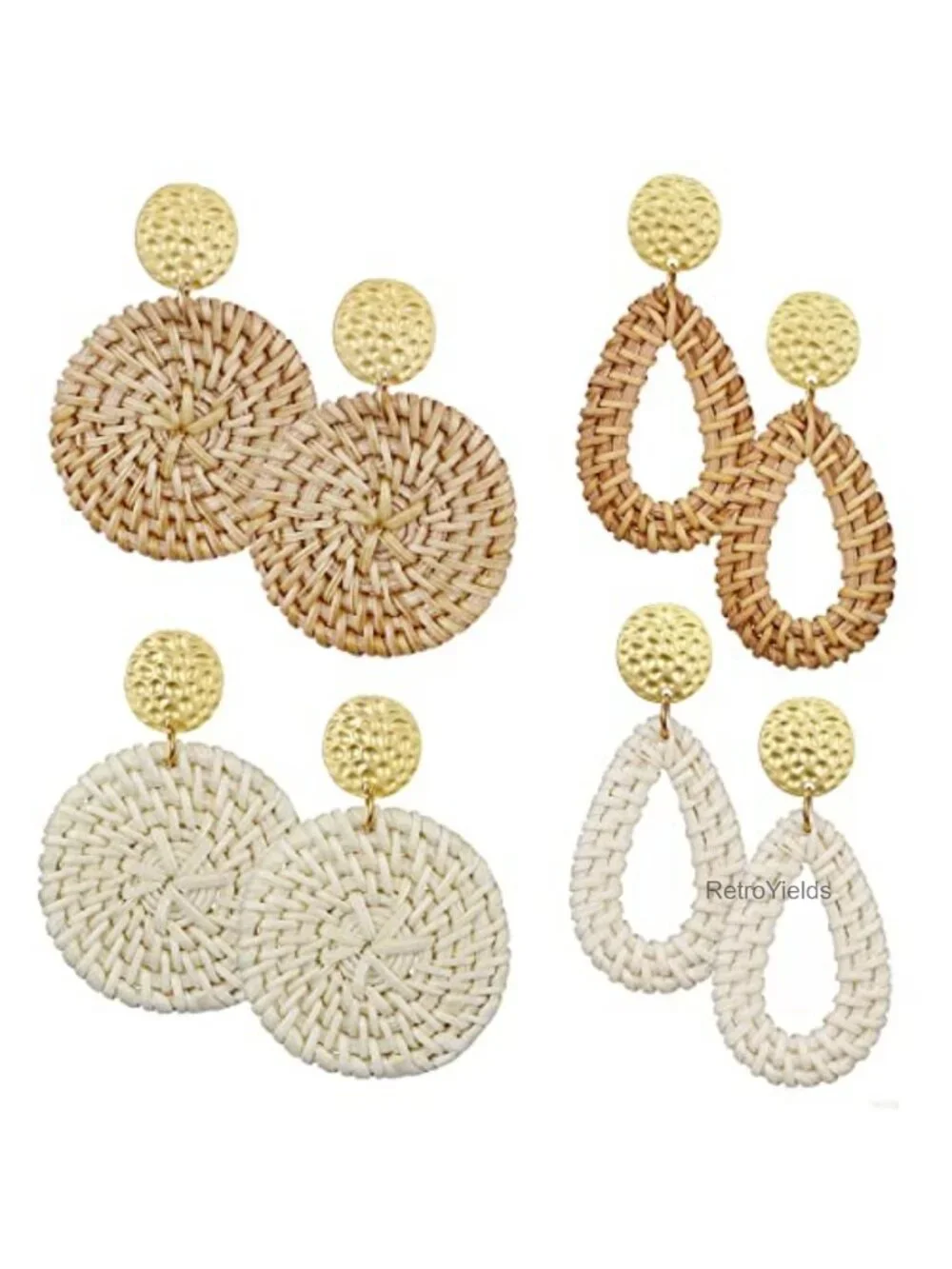 Handmade Raffia Rattan Dangle Earrings Set of 4 Boho Tropical Statement Jewelry